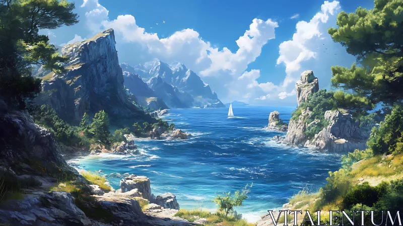 Coastal landscape with rocky formations and sailboat.