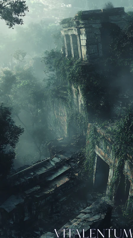 Emerald ruins drift in mist above a forgotten jungle abyss.