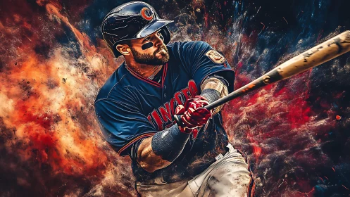 Baseball batter swings in stylized dynamic action scene