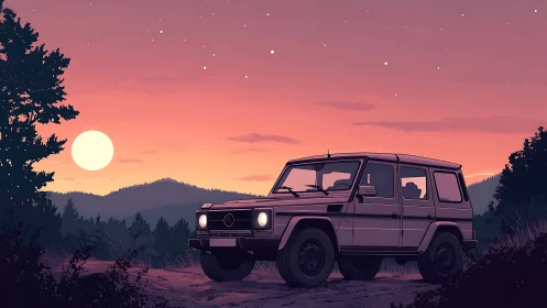 Boxy SUV parked under pastel sunset sky in hills.