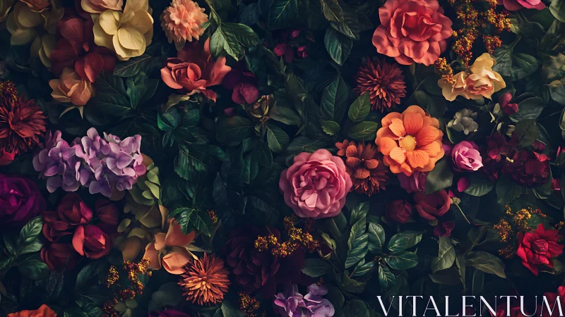 Layered Garden: Blooms in Rich Tones Against Dark Background