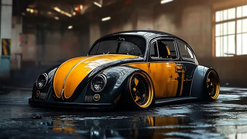 Custom widebody beetle in moody industrial garage render.