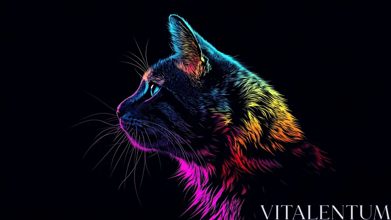 Neon Spectrum Cat Head Profile Against Black Background