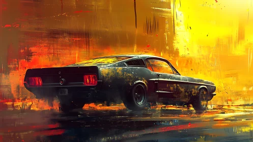 Muscle car powers through a blazing golden abstract sunset
