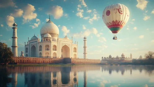 Balloon over Taj Mahal in atmospheric optical stillness.
