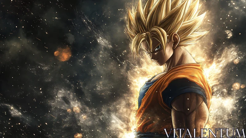 Blazing anime warrior glowing with fierce golden power.