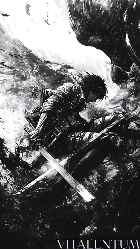 Soldier with dual blades descends through chaotic shadows