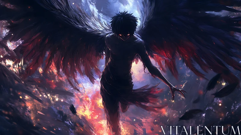 Dark winged figure descending over burning abstract sky.