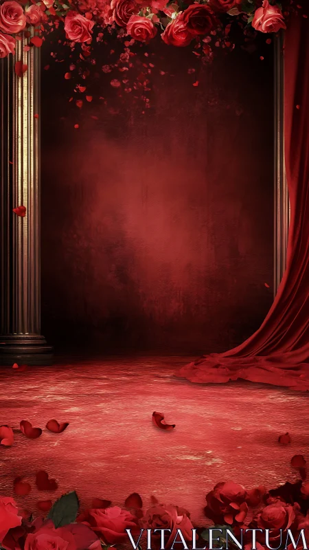 Opulent Theatrical Stage with Cascading Crimson Roses and Gilt Architectural Elements.