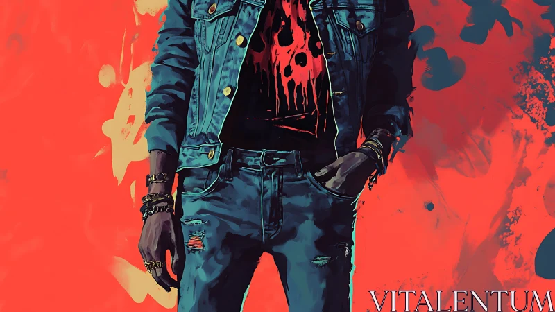 Denim-clad rebel leans into neon chaos like painted thunder