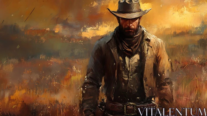 Solitary cowboy figure in painterly western landscape scene.