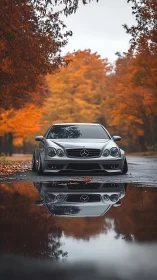 Silver coupe daydreams in mirrored autumn boulevard hush.