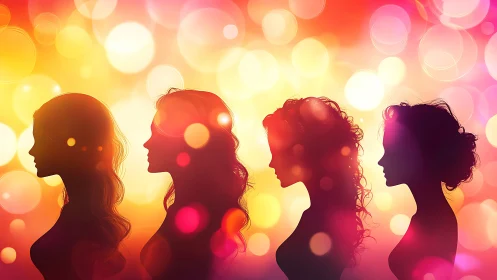 Silhouetted Women in Colorful Bokeh Lights, Artistic Portrait Style.