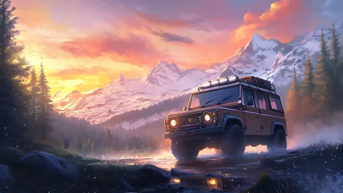 Off-road expedition truck crossing misty alpine river at dusk.