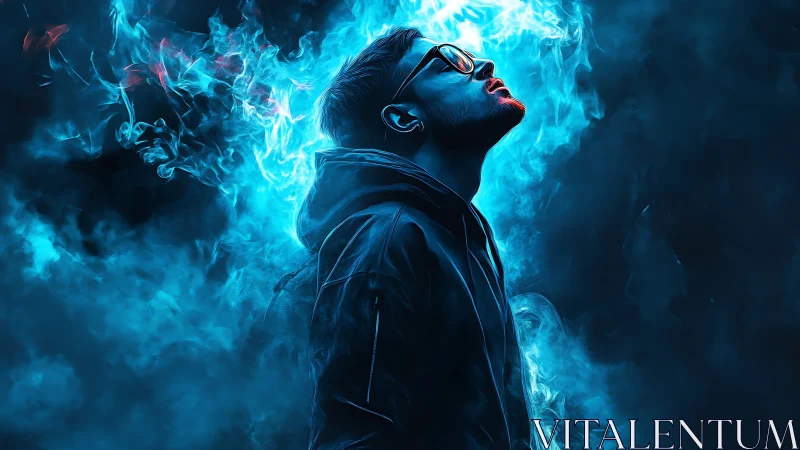 Neon smoke dreamer gazing into electric blue midnight skies.