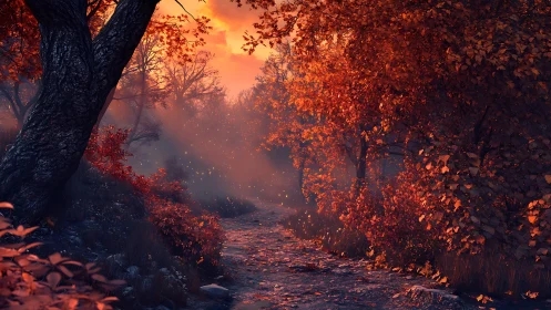 Forest pathway glows with intense orange and red atmospheric lighting.