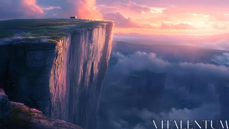 Sunset cliff plateau above clouds in soft digital light.