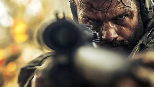 Tactical marksman portrait with shallow depth and aggressive bokeh field