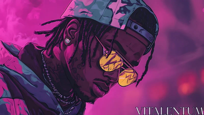 Hip hop portrait shows neon-lit rapper in reflective shades