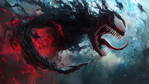 Alien symbiote lunges through chaos in split red blue storm.