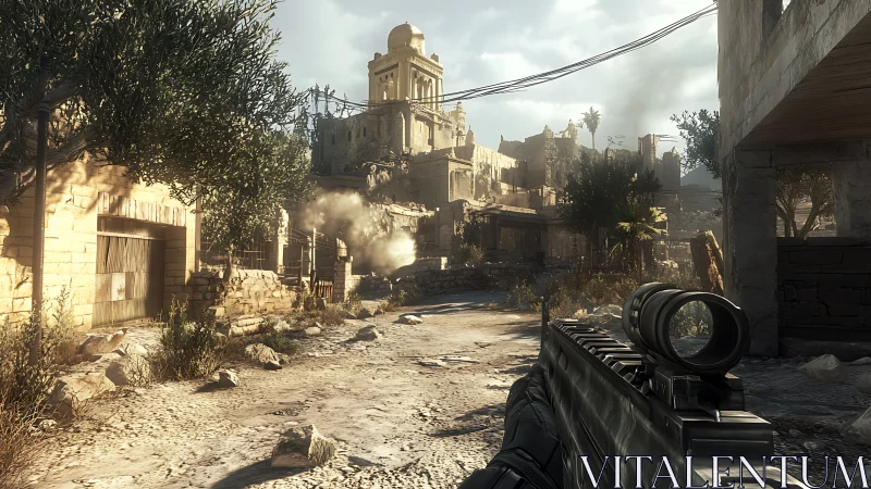 Soldier advances through sunlit war-torn desert street