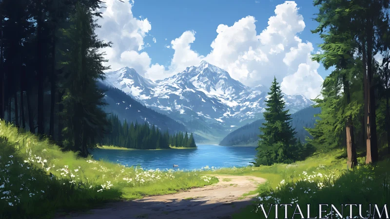 Mountain lake glows beneath towering snowy peaks in spring