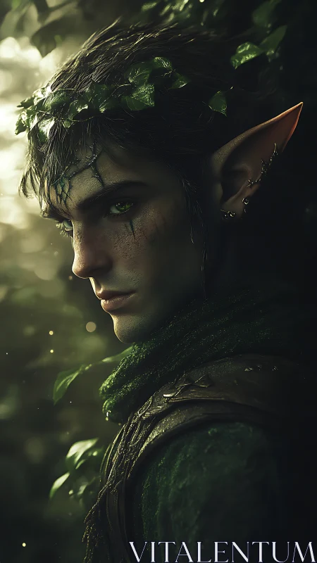 Elven forest figure in partial profile with leaf adornments.
