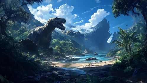 Tyrannosaurus rex stands in lush valley beside tropical river