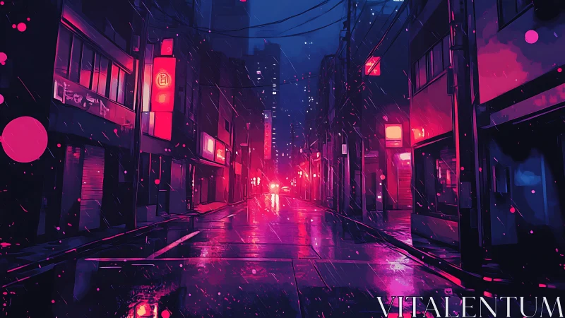 Neon soaked cyberpunk alley under midnight rainstorm.