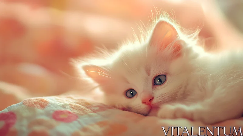 White Kitten with Blue Eyes Resting on Patterned Cushion