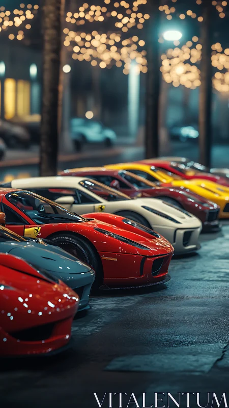 Row of sports cars parked on wet street at night.