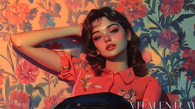 Floral portrait girl bathed in warm neon dual lighting.