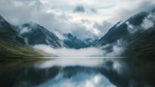 Symmetrical misted fjord landscape reflects in still mountain lake