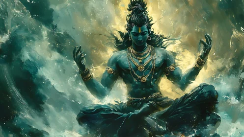 Divine blue ascetic levitates amid turbulent luminous waters