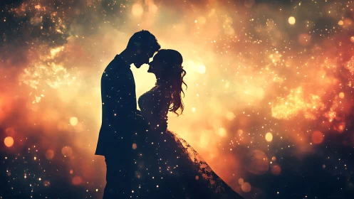 Silhouetted Romantic Couple Kiss with Golden Particle Bokeh Overlay.