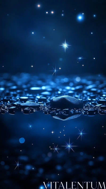 Shimmering blue water gently cradles scattered starlight above
