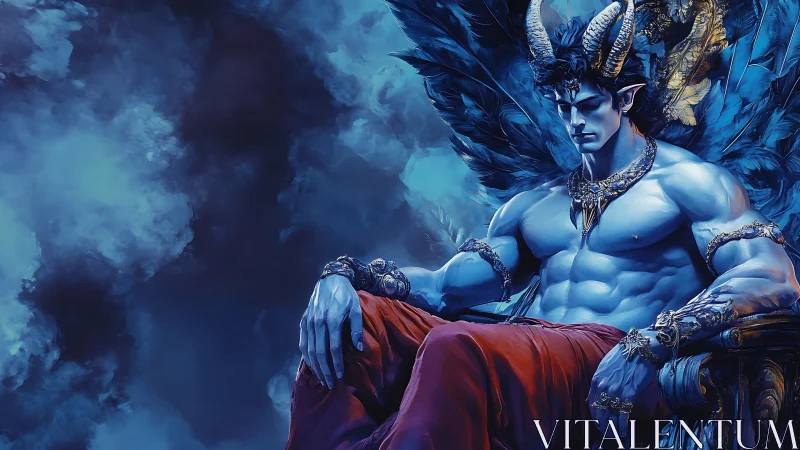 Brooding horned prince resting on a stormy feathered throne.