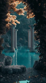 Leaflit ruins over a turquoise oracle pool dreamscape.