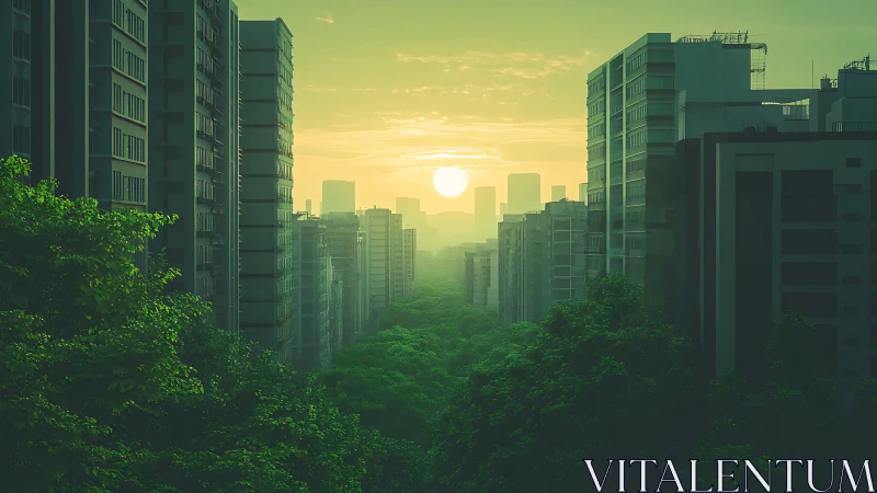 Urban high-rises flank sunlit green canyon at golden hour.