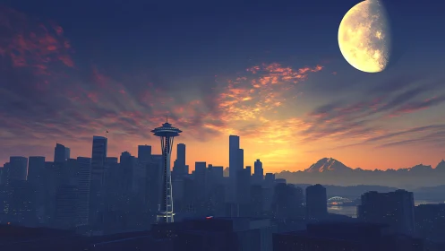 Dreamy city skyline under a glowing moonlit sunrise.