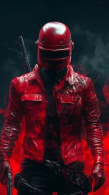 Red armored enforcer stalks through burning crimson smoke.
