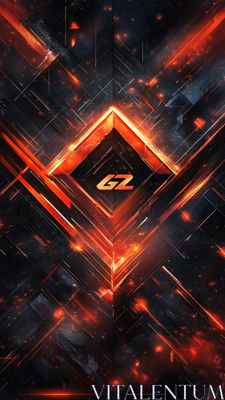 Geometric digital pattern with orange glowing core and logo.