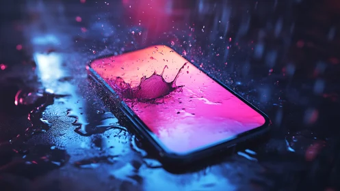 Neon smartphone splash with dynamic water impact lighting.