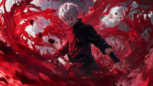 Bloodstorm conjurer laughing inside a crimson vortex of rage.