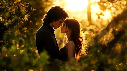 Two figures positioned at close proximity within golden hour forest environment