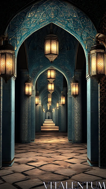 Ornate teal arches and lantern-lit corridor in perspective.