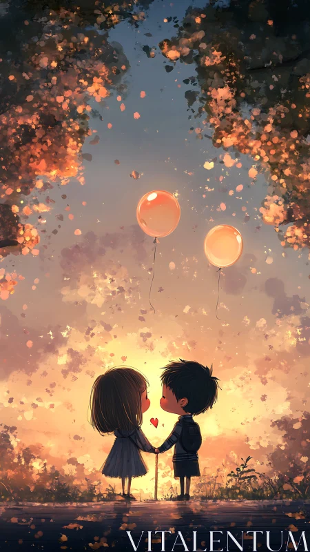 Two silhouetted children hold hands beneath glowing balloons in surreal sunset.