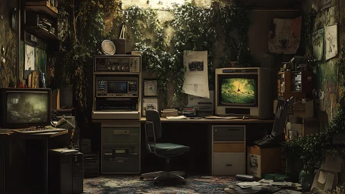 Vintage computer workspace integrates overgrown interior vegetation