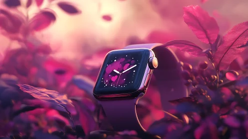 Smartwatch with heart display among pink foliage in focus.