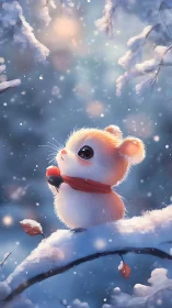Digital painting of winter mouse on branch with soft bokeh light.